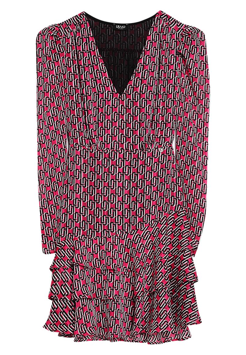 Schwarz-weißer und rosafarbener gemusterter Kleid mit langen Ärmeln, tiefem V-Ausschnitt und Rüschensaum. Aus leichtem Stoff mit taillierter Passform.