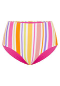 Gestreifte, hochtaillierte Bikinihose mit vertikalen Streifen in Pink, Orange, Gelb und Lavendel. Glatte Textur mit einem kontrastierenden pinken Akzent.
