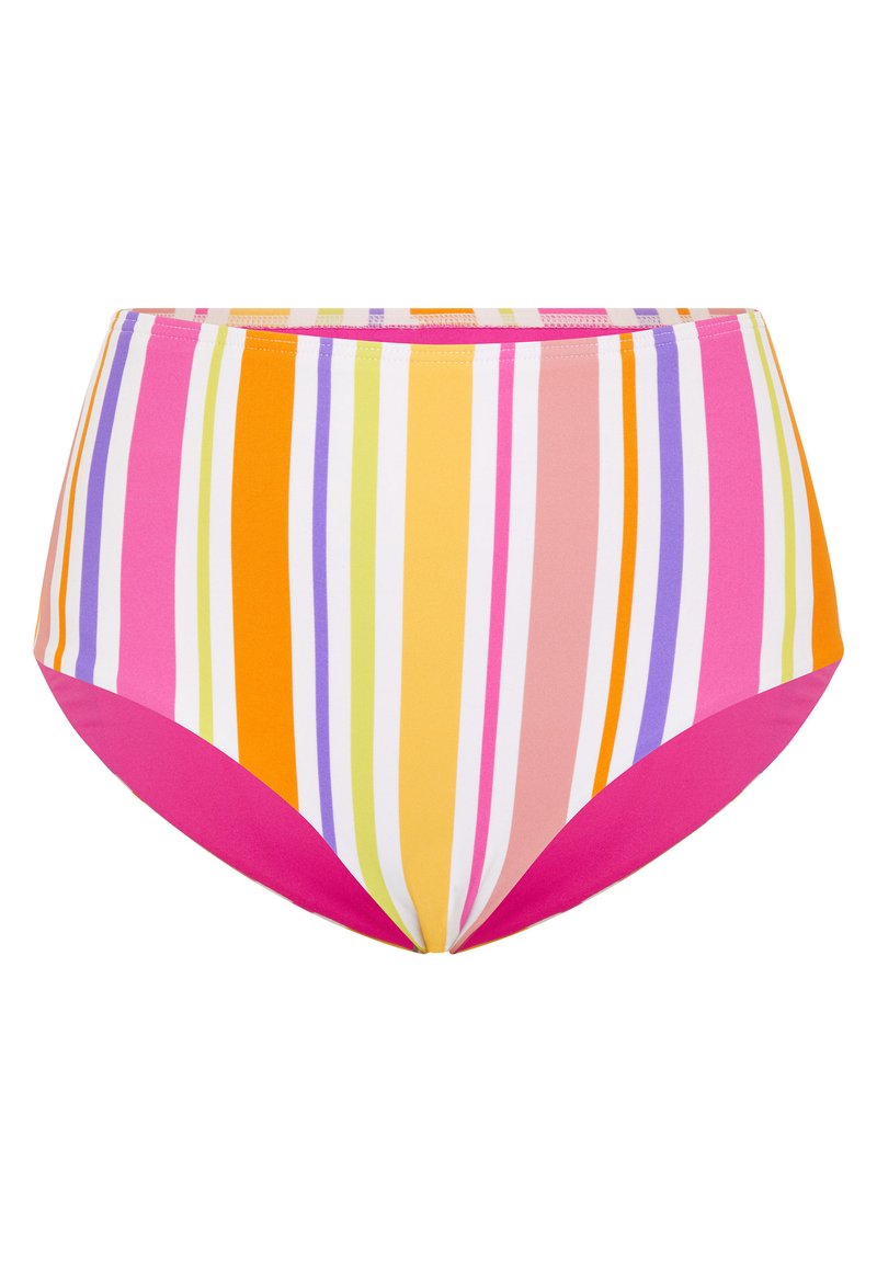 Gestreifte, hochtaillierte Bikinihose mit vertikalen Streifen in Pink, Orange, Gelb und Lavendel. Glatte Textur mit einem kontrastierenden pinken Akzent.