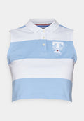 Ärmelloses Poloshirt aus Baumwolle, mit hellblauen und weißen horizontalen Streifen, einem Kragen und einem gestickten "Tommy"-Logo auf der Brust.