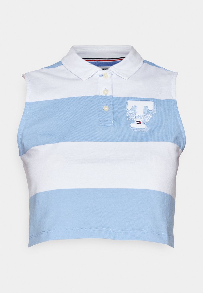 Ärmelloses Poloshirt aus Baumwolle, mit hellblauen und weißen horizontalen Streifen, einem Kragen und einem gestickten "Tommy"-Logo auf der Brust.