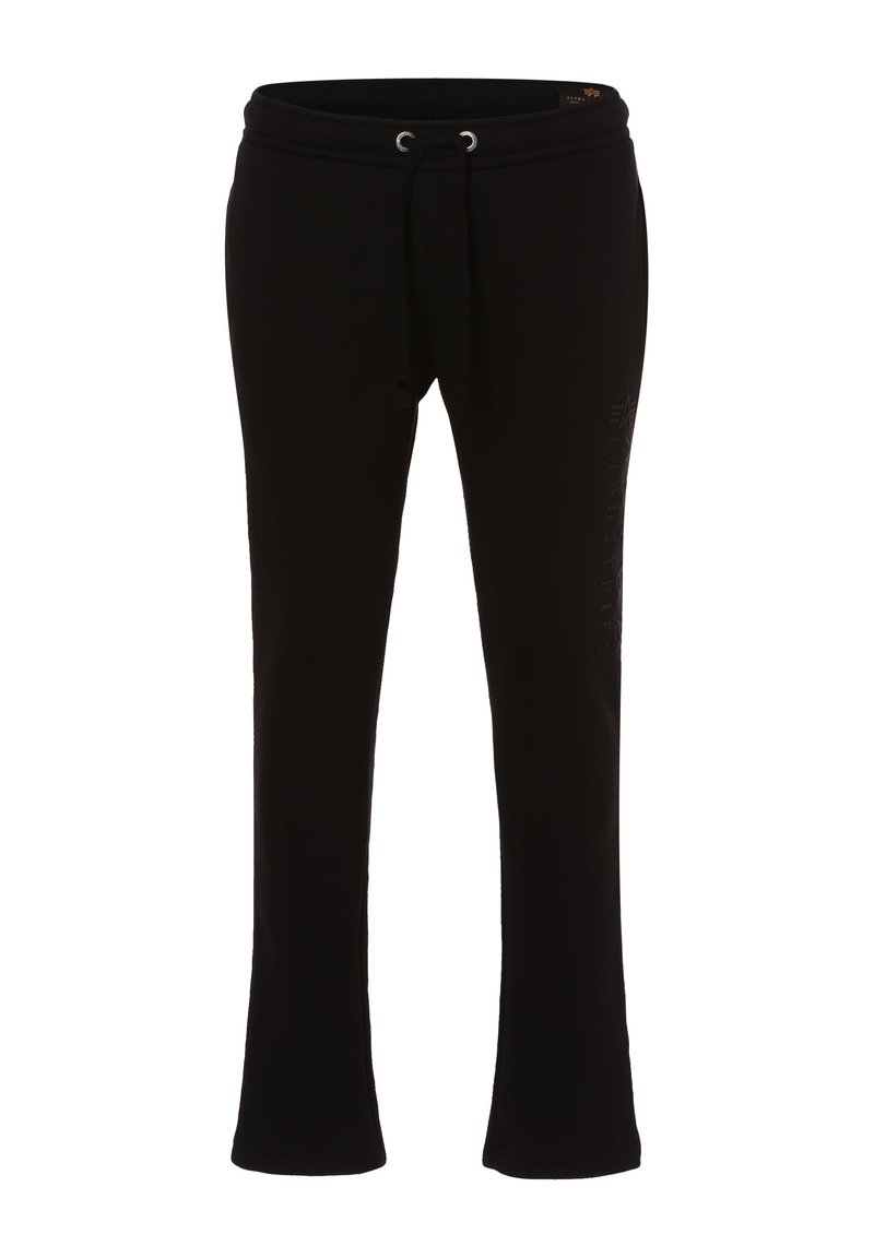 Schwarze Sweatpants aus weichem Stoff, mit elastischem Bund und Kordelzug sowie auslaufenden Beinen. Dezente Markenkennzeichnung an der Seite.