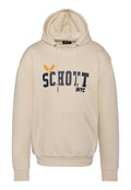 Beige Kapuzenpullover mit einer geräumigen Fronttasche, der ein navyblaues "SCHOTT NYC"-Logo und gelbe Adlerakzente zeigt. Weicher Stoff und gerippte Bündchen.