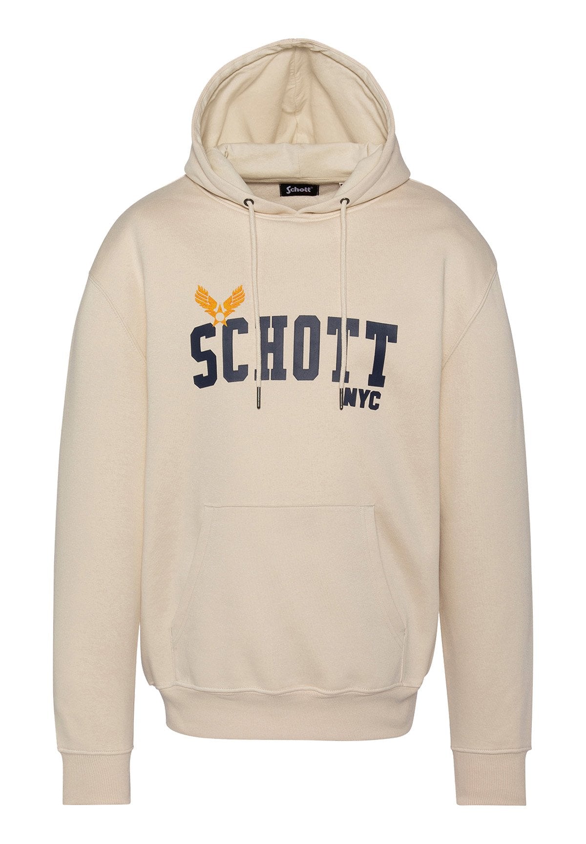 Beige Kapuzenpullover mit einer geräumigen Fronttasche, der ein navyblaues "SCHOTT NYC"-Logo und gelbe Adlerakzente zeigt. Weicher Stoff und gerippte Bündchen.