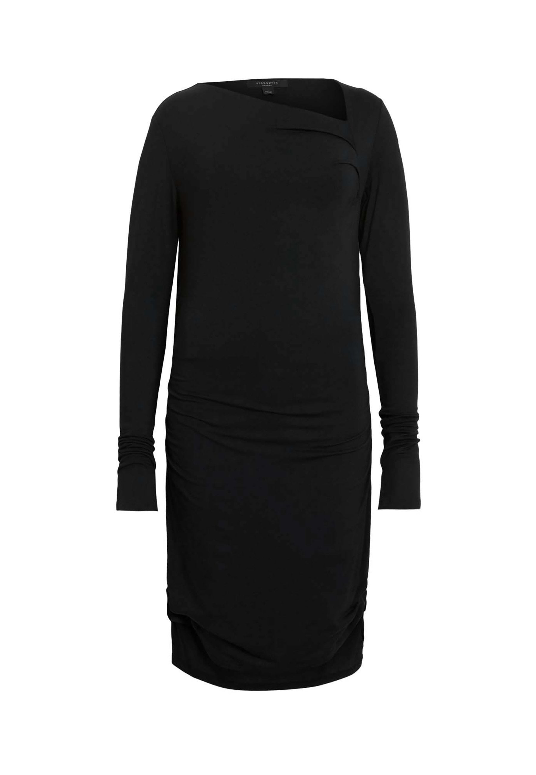 Schwarzes langärmeliges Kleid mit figurbetontem Schnitt, weichem Jersey-Material, drapierter Detailgestaltung an der Vorderseite und gerafften Akzenten am Saum.