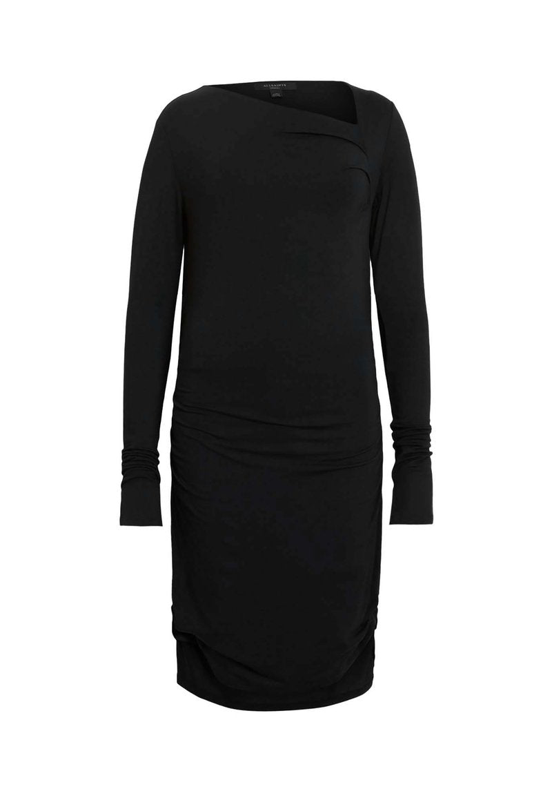 Schwarzes langärmeliges Kleid mit figurbetontem Schnitt, weichem Jersey-Material, drapierter Detailgestaltung an der Vorderseite und gerafften Akzenten am Saum.