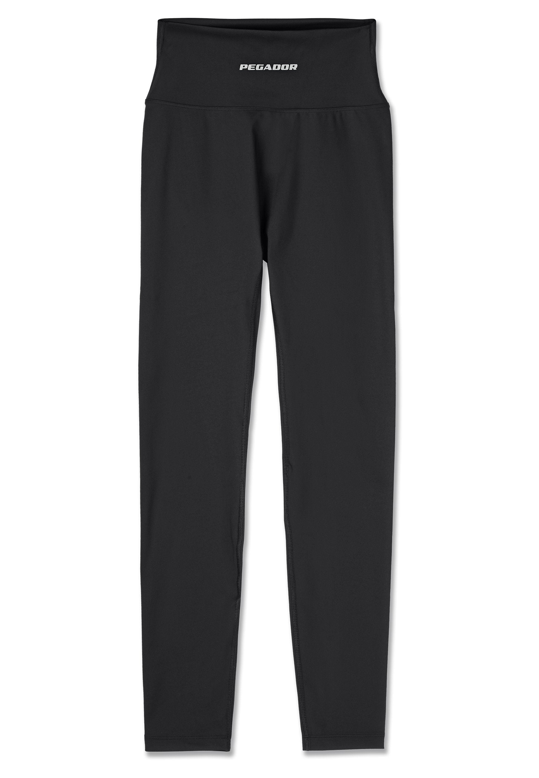 Schwarze Leggings aus glattem, dehnbarem Material. Hoher Taillenbund mit "PEGADOR"-Logo auf der Vorderseite. Eng anliegendes Design, das sich zur Knöchel hin verjüngt.