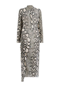 Langärmliges Kleid mit Schlangenmuster in Grau- und Beigetönen, hohem Kragen und seitlichen Rüschendetails.