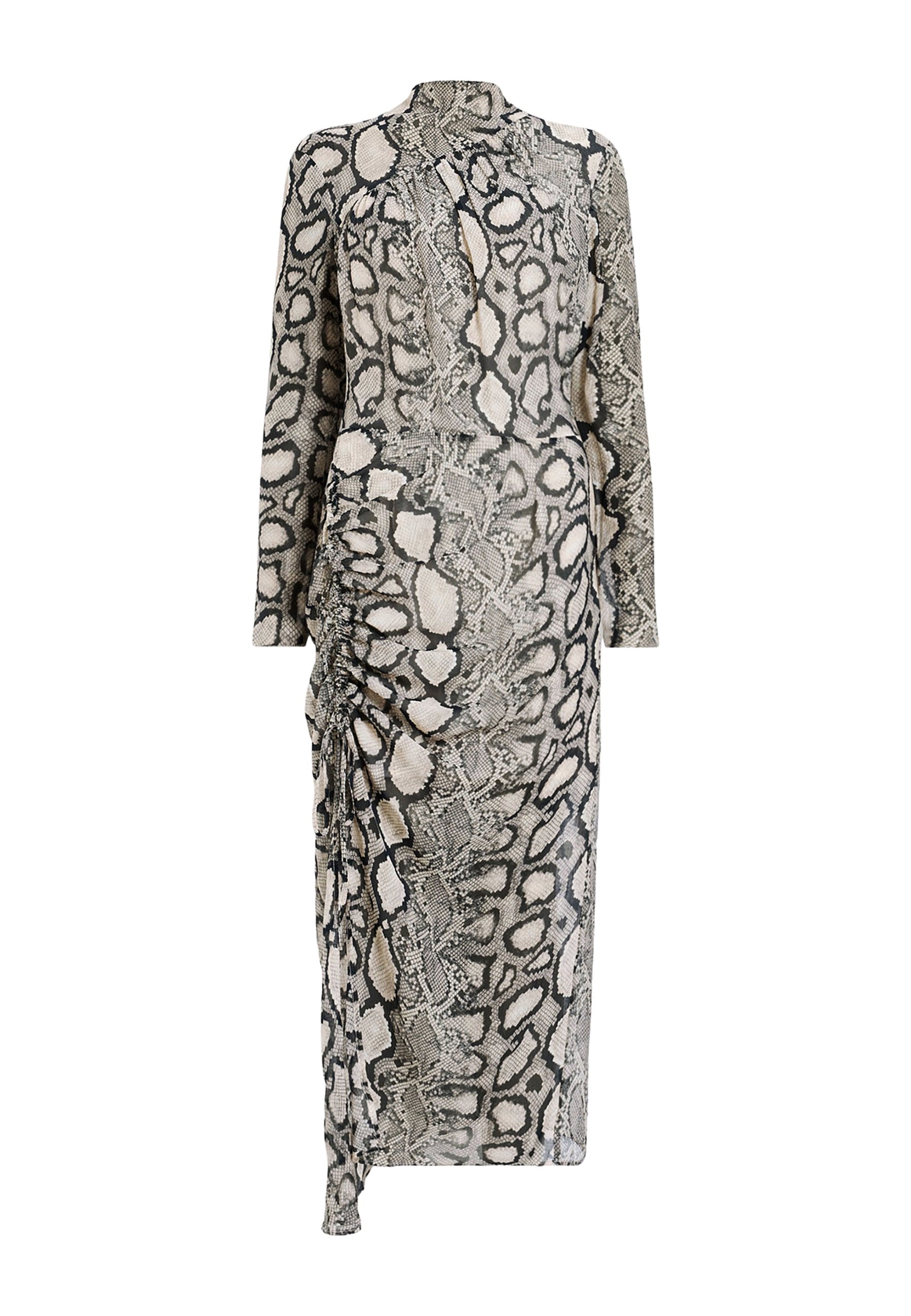 Langärmliges Kleid mit Schlangenmuster in Grau- und Beigetönen, hohem Kragen und seitlichen Rüschendetails.