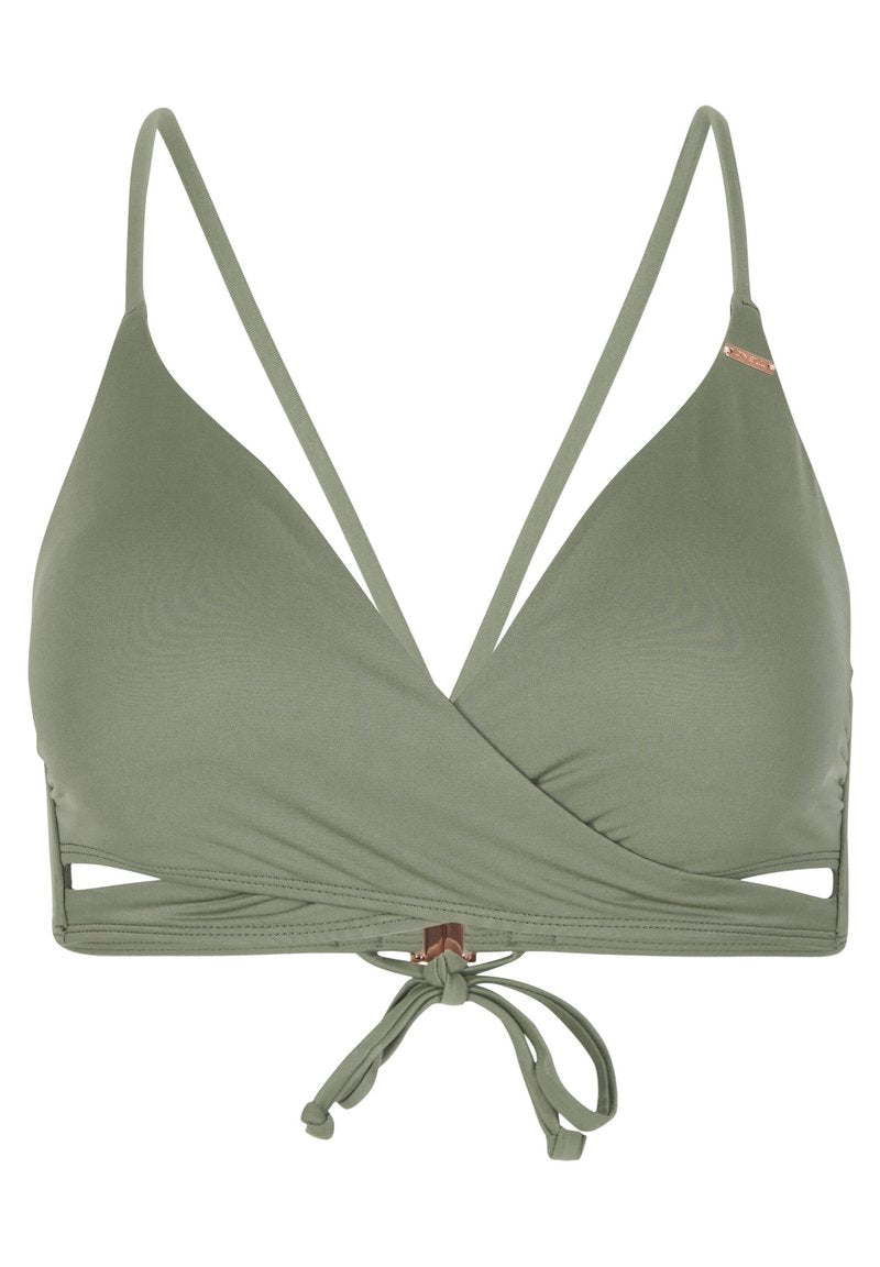 Bikini-Oberteil in Olivgrün mit Wickeldesign, verstellbarem Knotenverschluss und dünnen Schulterträgern. Glatte Textur mit Ausschnitten.