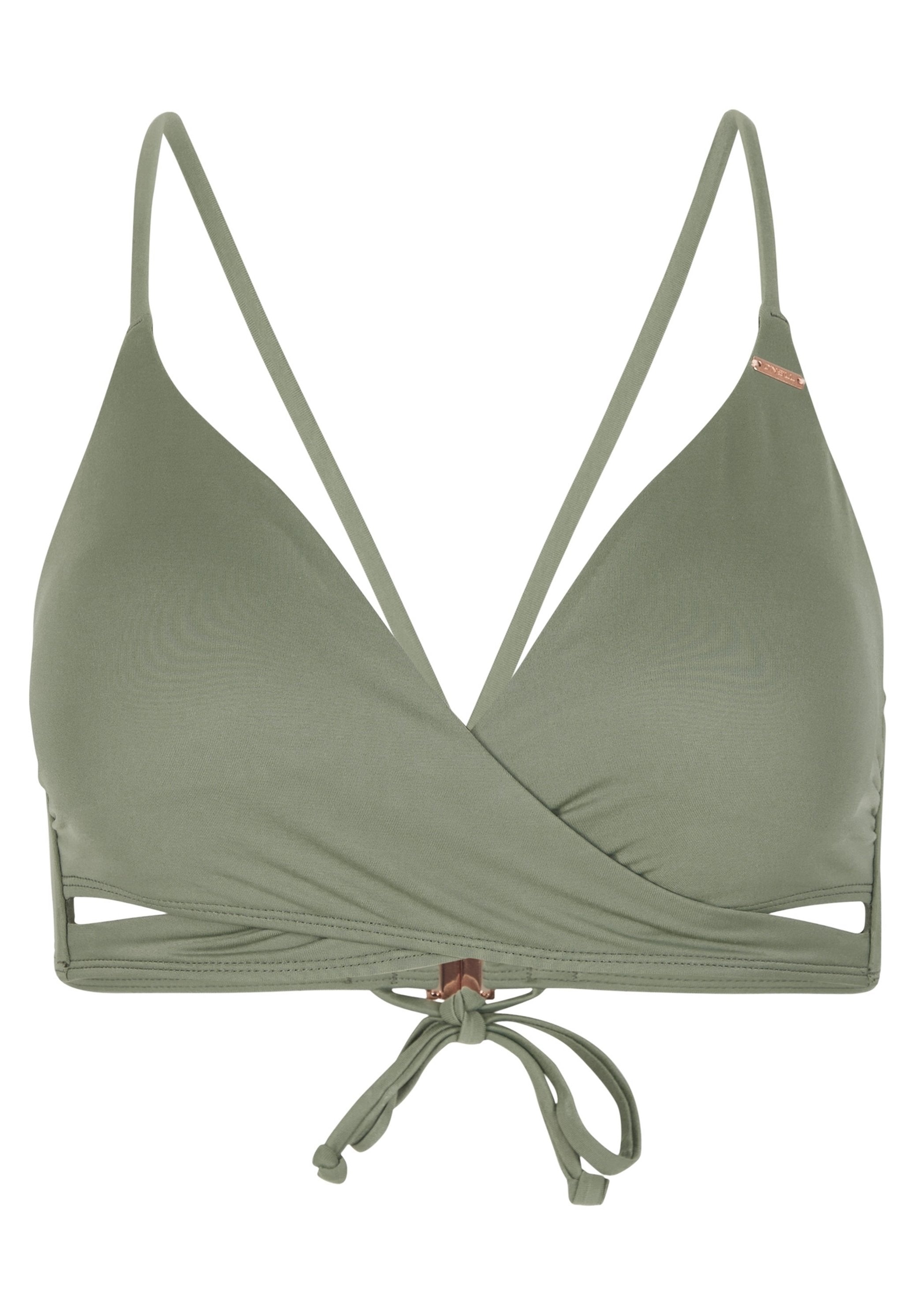 Bikini-Oberteil in Olivgrün mit Wickeldesign, verstellbarem Knotenverschluss und dünnen Schulterträgern. Glatte Textur mit Ausschnitten.