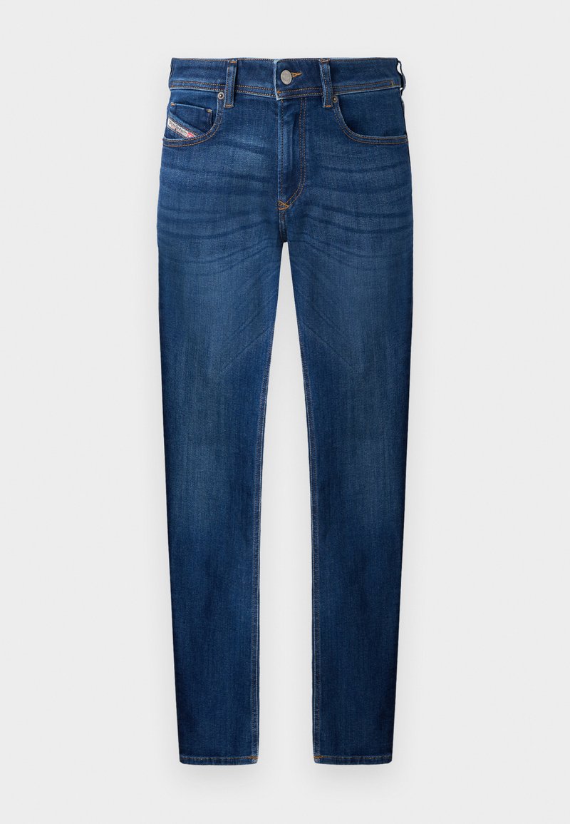 Dunkelblaue Jeans aus Denim mit geradem Bein, Fünf-Taschen-Design, sichtbaren Nähdetails und Metallknopfverschluss.