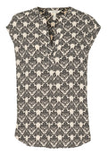Kurze Bluse mit V-Ausschnitt, abstraktem Muster in Schwarz und Creme und lockerer Passform. Hergestellt aus leichtem Stoff.
