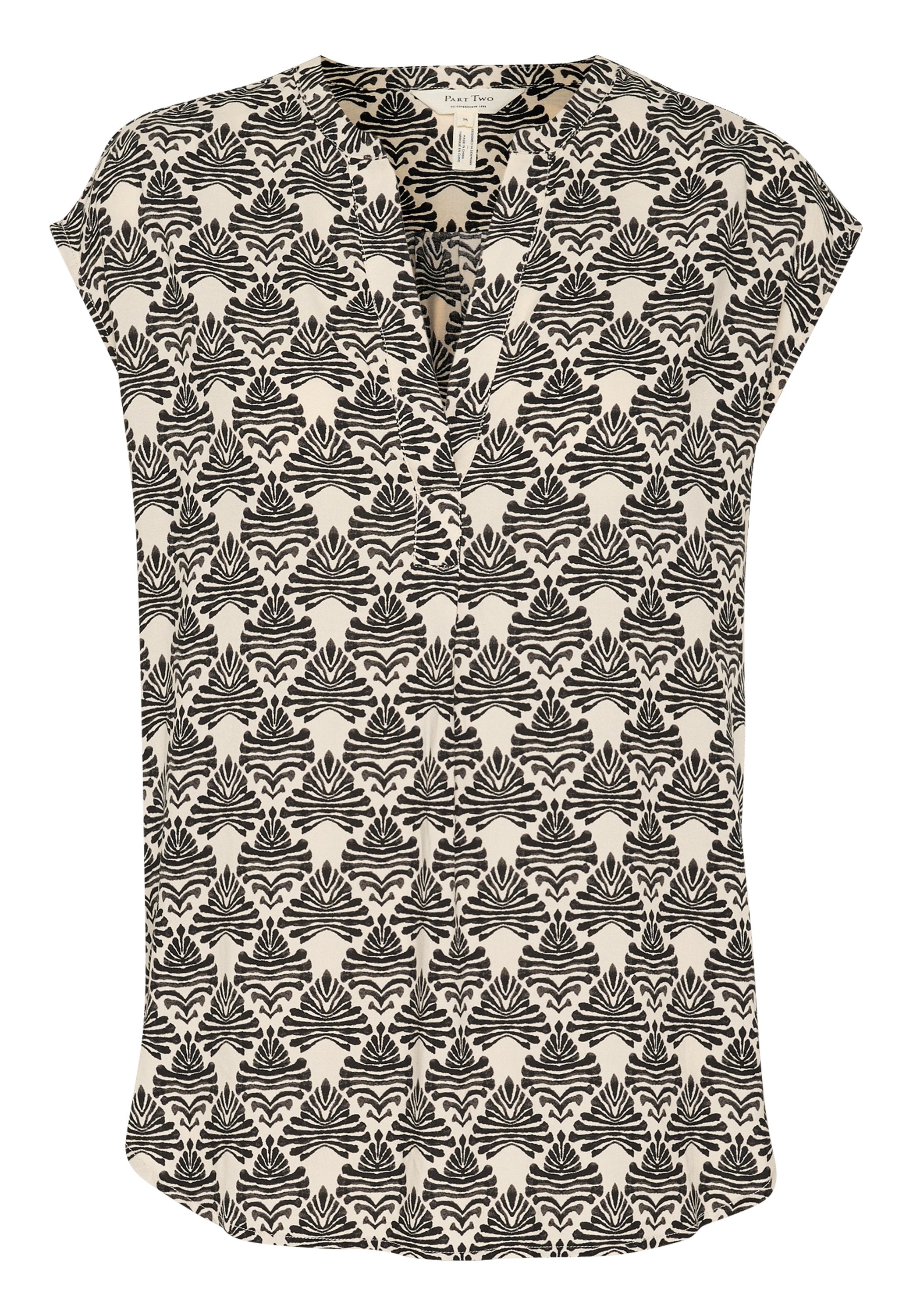 Kurze Bluse mit V-Ausschnitt, abstraktem Muster in Schwarz und Creme und lockerer Passform. Hergestellt aus leichtem Stoff.