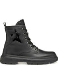 Schwarze Leder-Ankle-Boots mit einem Stern-Ausschnitt, runder Zehenpartie, Gummisohle und schwarzen Schnürsenkeln; strukturiertes Obermaterial mit Nähdetails.