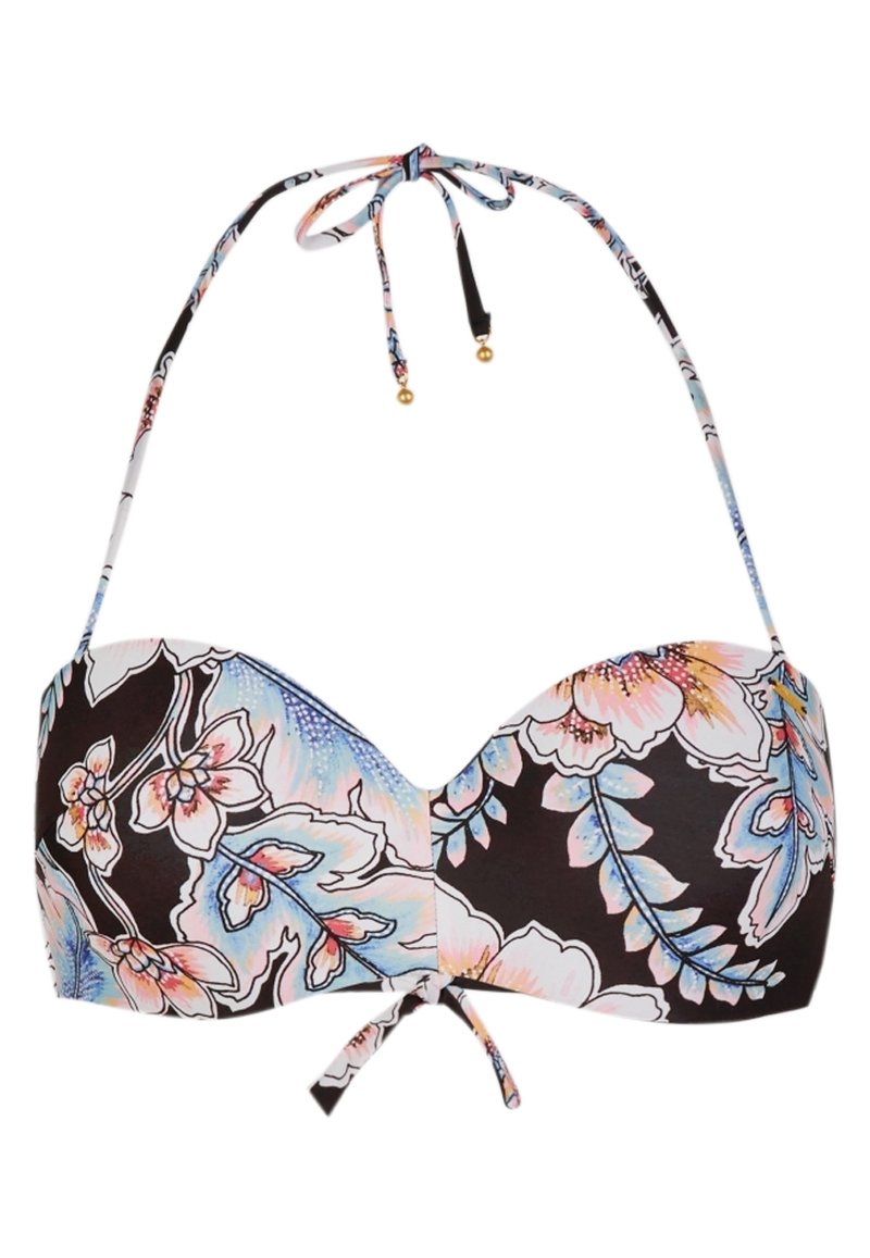 Halter-Bikini-Oberteil mit schwarzem Grund und pastellfarbenem Blumenmuster in Blau, Pink und Weiß, mit gebundenen Trägern am Hals und in der Mitte vorne.