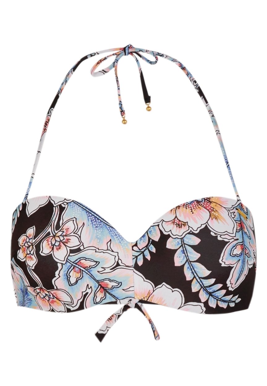 Halter-Bikini-Oberteil mit schwarzem Grund und pastellfarbenem Blumenmuster in Blau, Pink und Weiß, mit gebundenen Trägern am Hals und in der Mitte vorne.