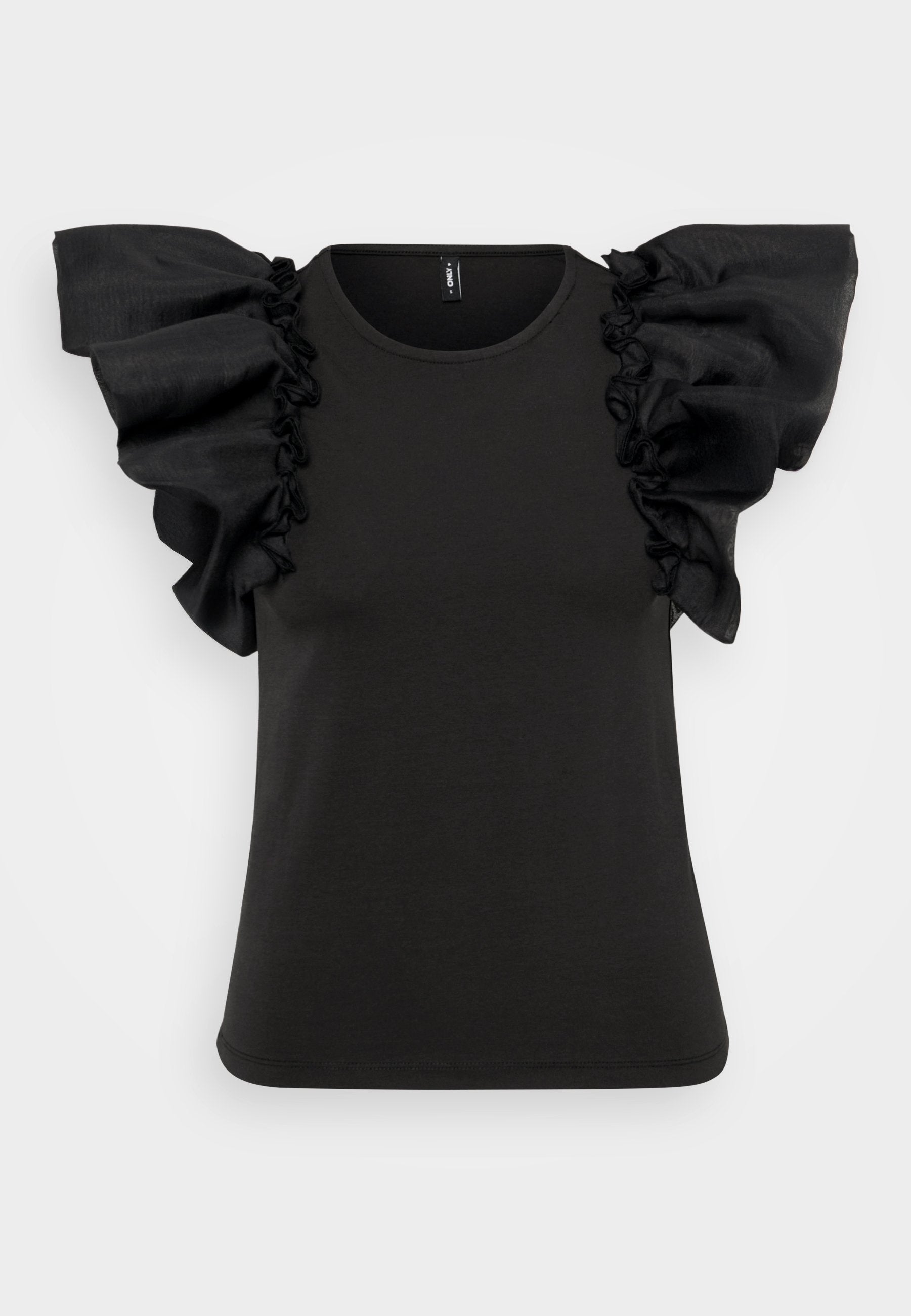 Schwarzes T-Shirt mit kurzen Ärmeln, das große, geraffte, transparente Stoffärmel hat. Hergestellt aus weichem Material mit einem runden Ausschnitt und einer taillierten Passform.