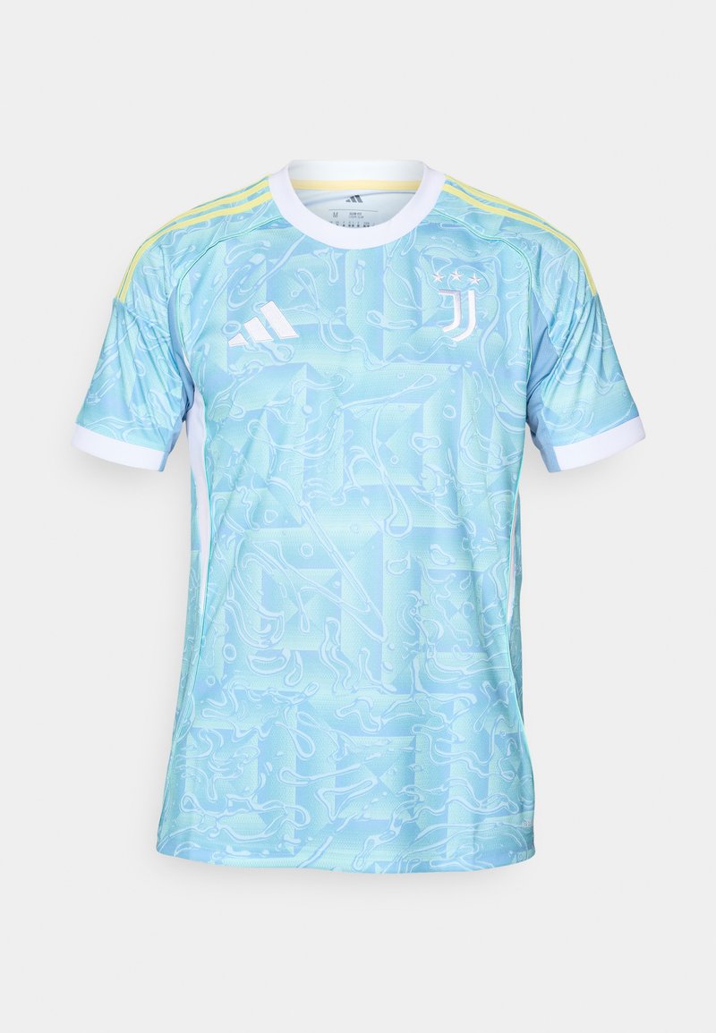 Hellblaues Trikot mit abstrakten Wirbelmustern, weißen Akzenten und drei gelben Streifen auf den Schultern. Enthält das Adidas-Logo und das Juventus-Wappen.