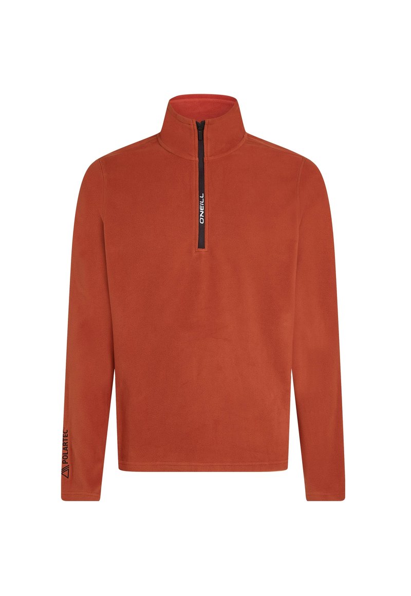 Oranger Fleece-Pullover mit einem Halbzip-Vorderteil. Merkmale einen hohen Kragen und Logodetail am Ärmel. Weicher, strukturierten Stoff. Lange Ärmel.