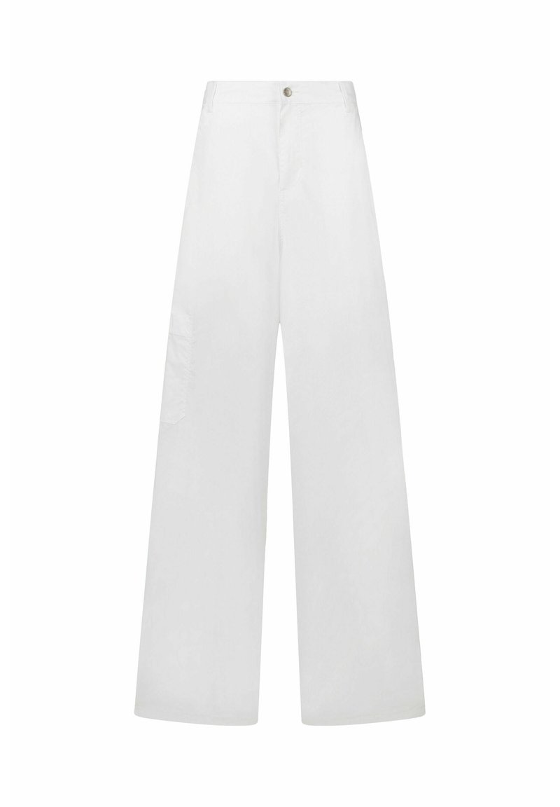 Weiße, weit geschnittene Hosen mit hoher Taille. Mit einem frontalen Knopfverschluss, seitlichen Taschen und einer glatten, schlichten Textur.