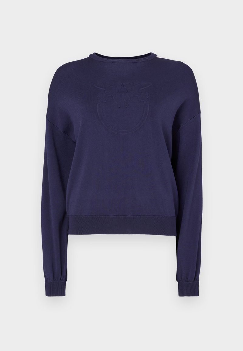 Navyblaue, cropped Sweatshirt aus weichem Stoff mit rundem Halsausschnitt und langen Ärmeln. Mit einem geprägten Design auf der Vorderseite.