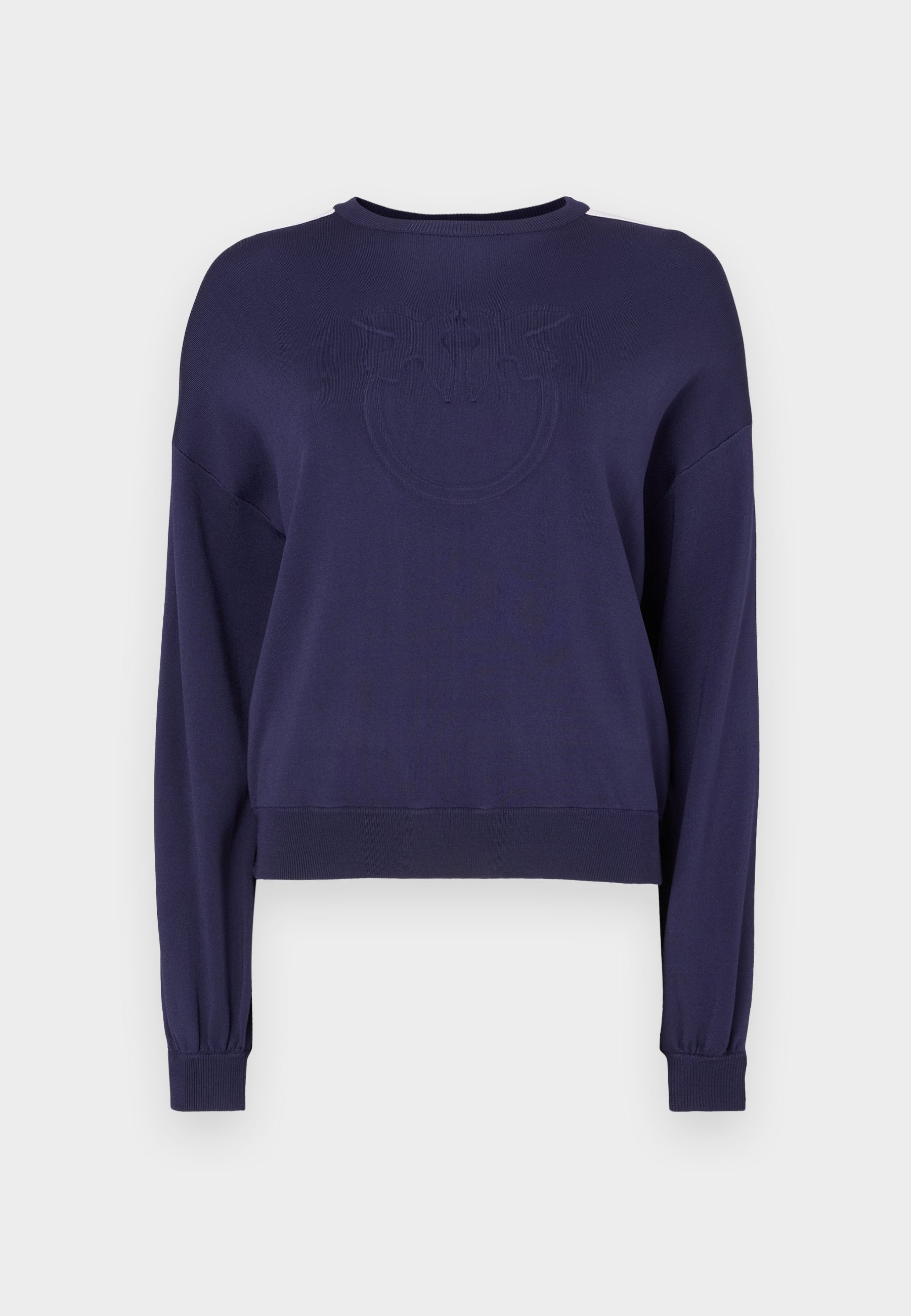 Navyblaue, cropped Sweatshirt aus weichem Stoff mit rundem Halsausschnitt und langen Ärmeln. Mit einem geprägten Design auf der Vorderseite.