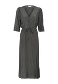 Dunkelgraues Wickelkleid mit V-Ausschnitt, dreiviertellangen Ärmeln und einem Bindegürtel in der Taille. Glattes Material mit einem dezenten Glanz.