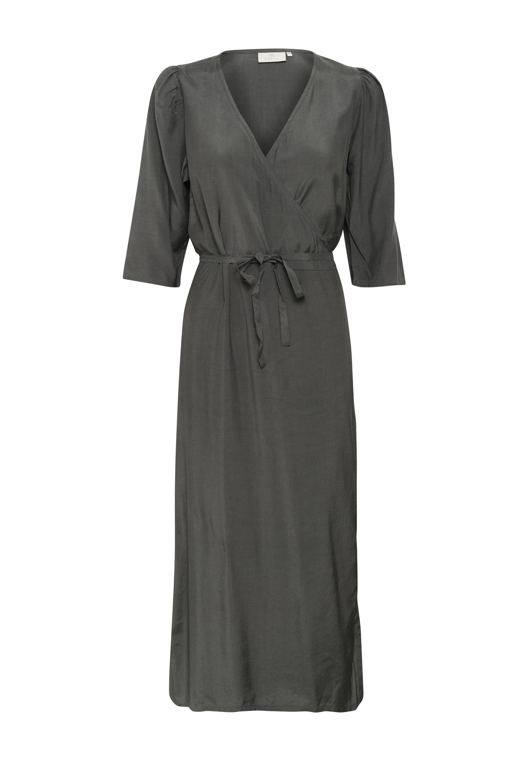 Dunkelgraues Wickelkleid mit V-Ausschnitt, dreiviertellangen Ärmeln und einem Bindegürtel in der Taille. Glattes Material mit einem dezenten Glanz.