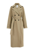 Beige doppelreihiger Trenchcoat mit einem Gürtel, aus strukturiertem Stoff gefertigt. Verfügt über große schwarze Knöpfe und ein klassisches Kragendesign.