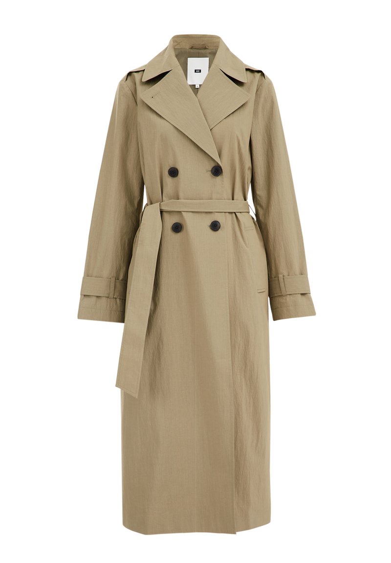 Beige doppelreihiger Trenchcoat mit einem Gürtel, aus strukturiertem Stoff gefertigt. Verfügt über große schwarze Knöpfe und ein klassisches Kragendesign.