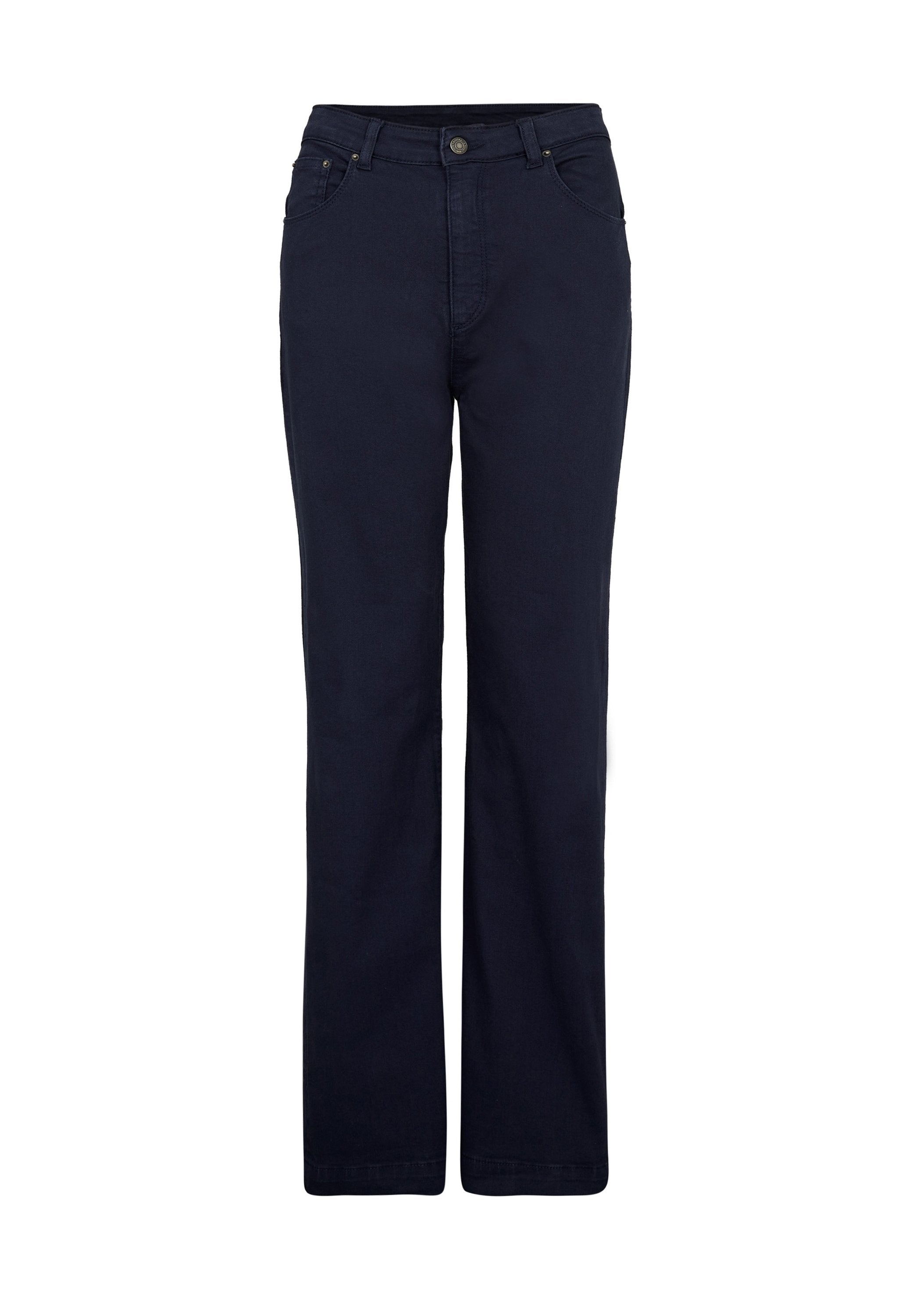 Navyblaue gerade geschnittene Jeans aus Baumwolle mit glatter Textur. Verfügt über einen vorderen Knopfverschluss und fünf Taschen.