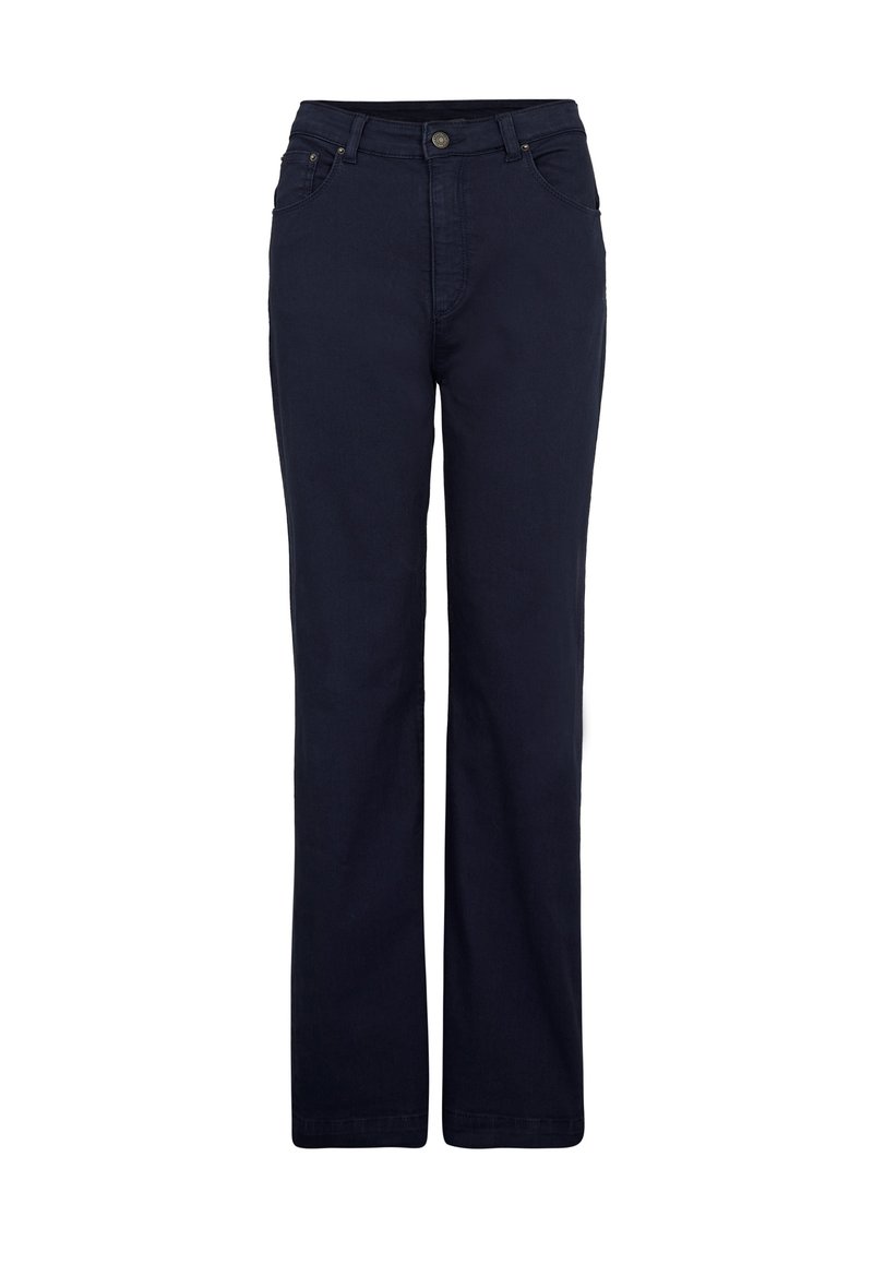 Navyblaue gerade geschnittene Jeans aus Baumwolle mit glatter Textur. Verfügt über einen vorderen Knopfverschluss und fünf Taschen.