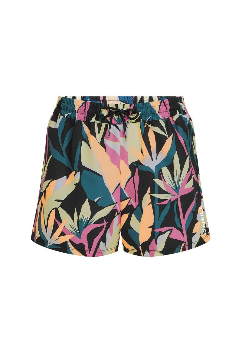 Bunte Badeshorts mit einem durchgehenden Blattmuster in Grün-, Pink-, Orange- und Schwarztönen, ausgestattet mit einem elastischen Bund und Kordelzug.