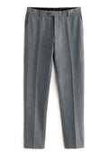 Graue maßgeschneiderte Hose mit einem strukturierten Muster, flachem Bund, Gürtelschlaufen, Seitentaschen und Knopfverschluss.