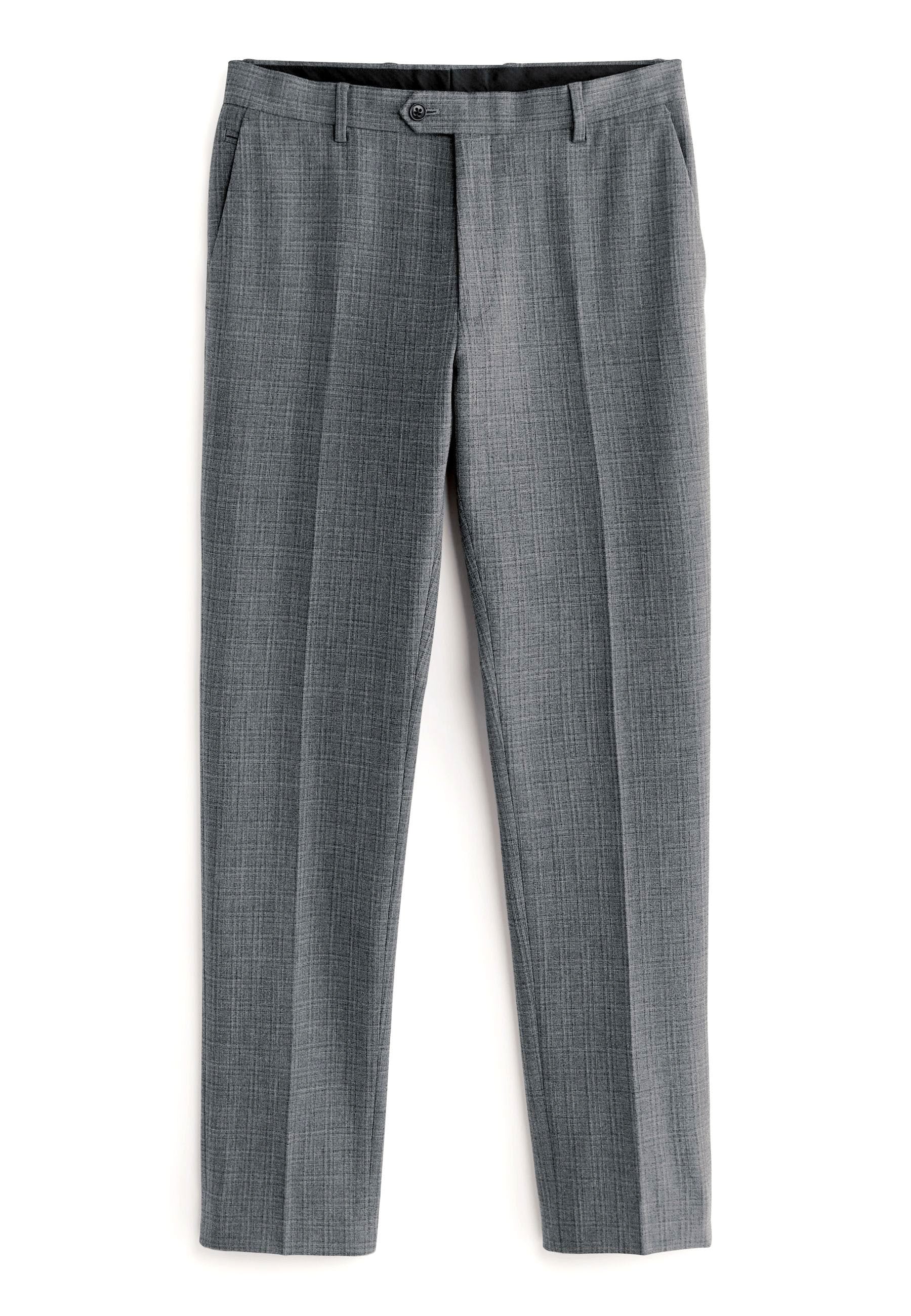 Graue maßgeschneiderte Hose mit einem strukturierten Muster, flachem Bund, Gürtelschlaufen, Seitentaschen und Knopfverschluss.