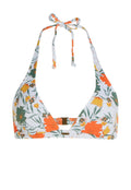 Weißes Blumenkleid-Bikini-Oberteil mit orangefarbenen und grünen Akzenten, Halterneck-Design, verstellbaren Bändern und einem goldenen Verschluss.
