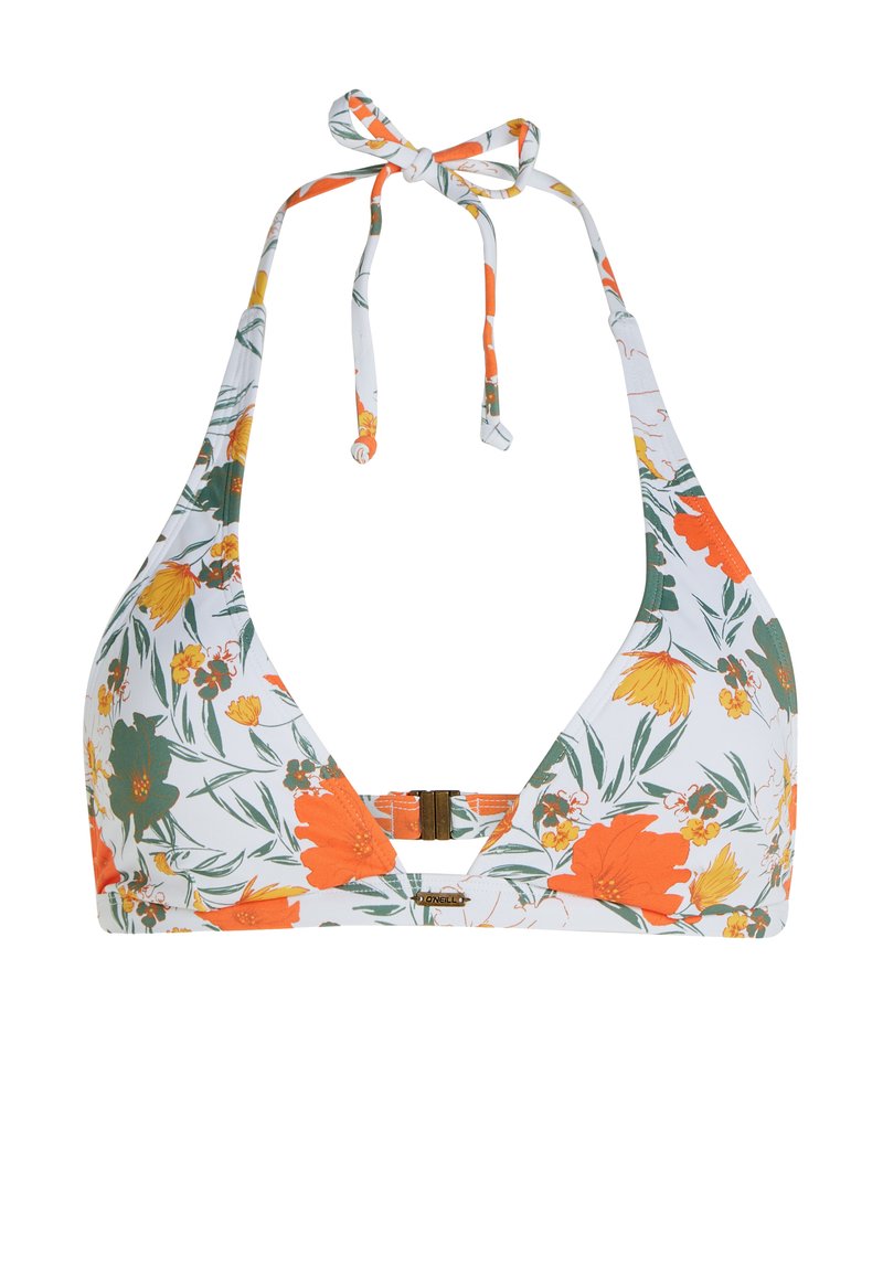 Weißes Blumenkleid-Bikini-Oberteil mit orangefarbenen und grünen Akzenten, Halterneck-Design, verstellbaren Bändern und einem goldenen Verschluss.