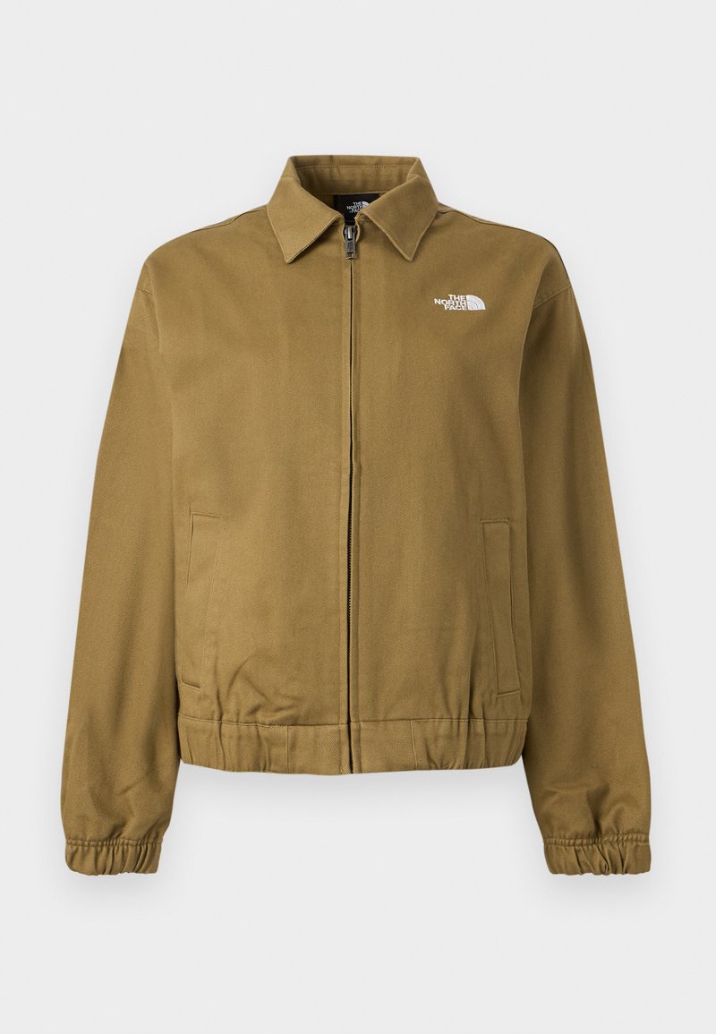 Braune Jacke mit Reißverschluss und Kragen, elastischen Bündchen, zwei Seitentaschen und weißem The North Face Logo auf der Brust.