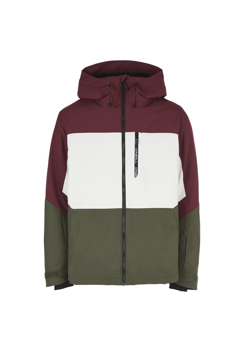 Farbblockierte Jacke mit einem kastanienbraunen oberen Abschnitt, einem weißen Mittelteil und einem olivgrünen unteren Teil. Hergestellt aus einem glatten, wetterfesten Material.