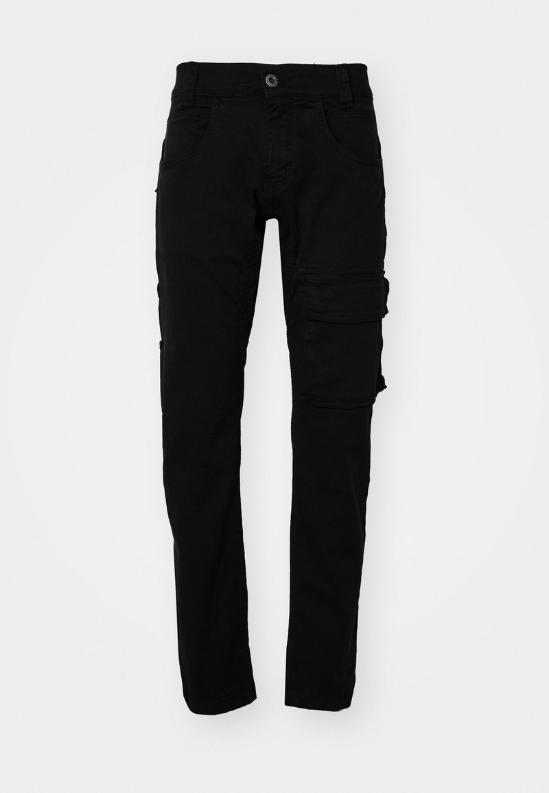 Schwarze Cargo-Hosen mit slim Fit, aus strapazierfähigem Baumwollstoff. Verfügt über mehrere Taschen und einen Knopfverschluss an der Taille.