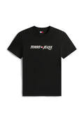 Schwarzes T-Shirt mit kurzen Ärmeln, mittig auf der Brust mit weißem "Tommy Jeans"-Schriftzug und rotem, weißem und blauem Flaggenlogo.