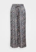 Weite Hosen aus leichtem Material mit einem schwarz-beigen Zebra-Streifenmuster, einem elastischen Taillenbund und einem Kordelzug.