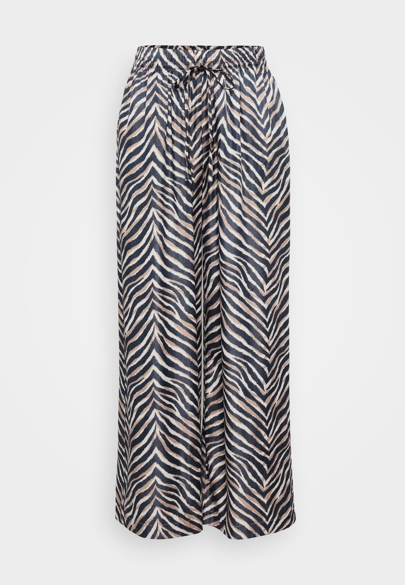 Weite Hosen aus leichtem Material mit einem schwarz-beigen Zebra-Streifenmuster, einem elastischen Taillenbund und einem Kordelzug.