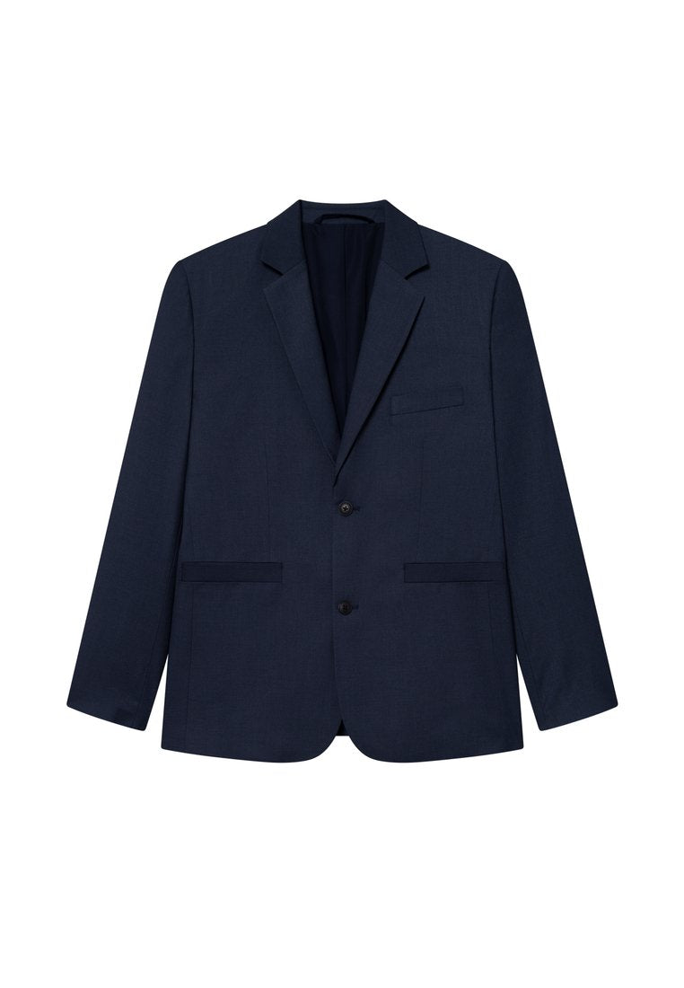 Marineblauer Blazer mit Reverskragen, zwei vorderen Taschen, einzelnen Knopfverschluss und einer glatten Stoffoberfläche im regulären Schnitt.