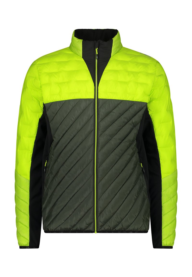 Grüne und neongelbe isolierte Jacke mit Reißverschluss vorne; verfügt über diagonale Nähte am Körper und schwarze Seitenpaneele für den Kontrast.