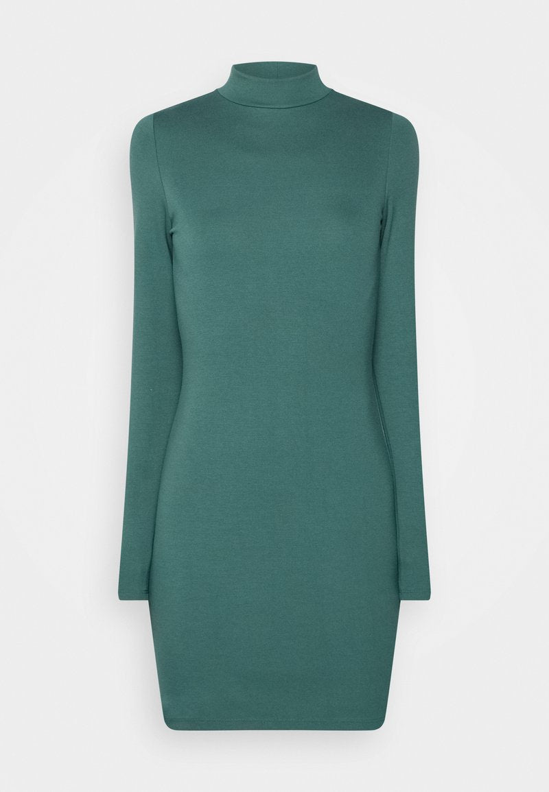 Langärmliges, türkisfarbenes Kleid mit hohem Kragen. Hergestellt aus weichem, dehnbarem Material mit einer taillierten Form und minimalen Nähten für ein glattes Finish.
