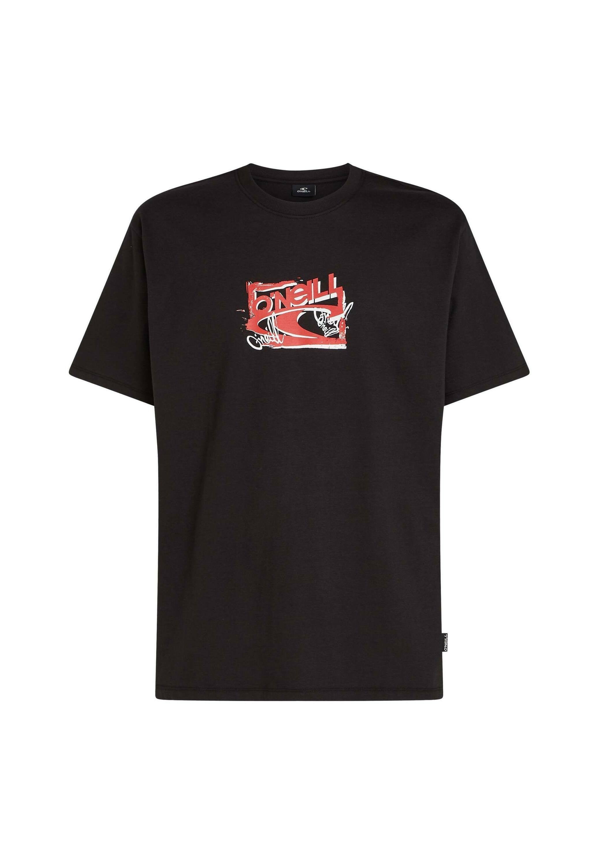 Schwarzes Baumwoll-T-Shirt mit einem rot-weißem Grafikdruck und dem Text "O'Neill" sowie abstrakten Designs auf der Vorderseite. Kurzärmlig, Rundhalsausschnitt.