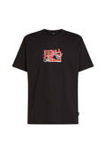Schwarzes Baumwoll-T-Shirt mit einem rot-weißem Grafikdruck und dem Text "O'Neill" sowie abstrakten Designs auf der Vorderseite. Kurzärmlig, Rundhalsausschnitt.