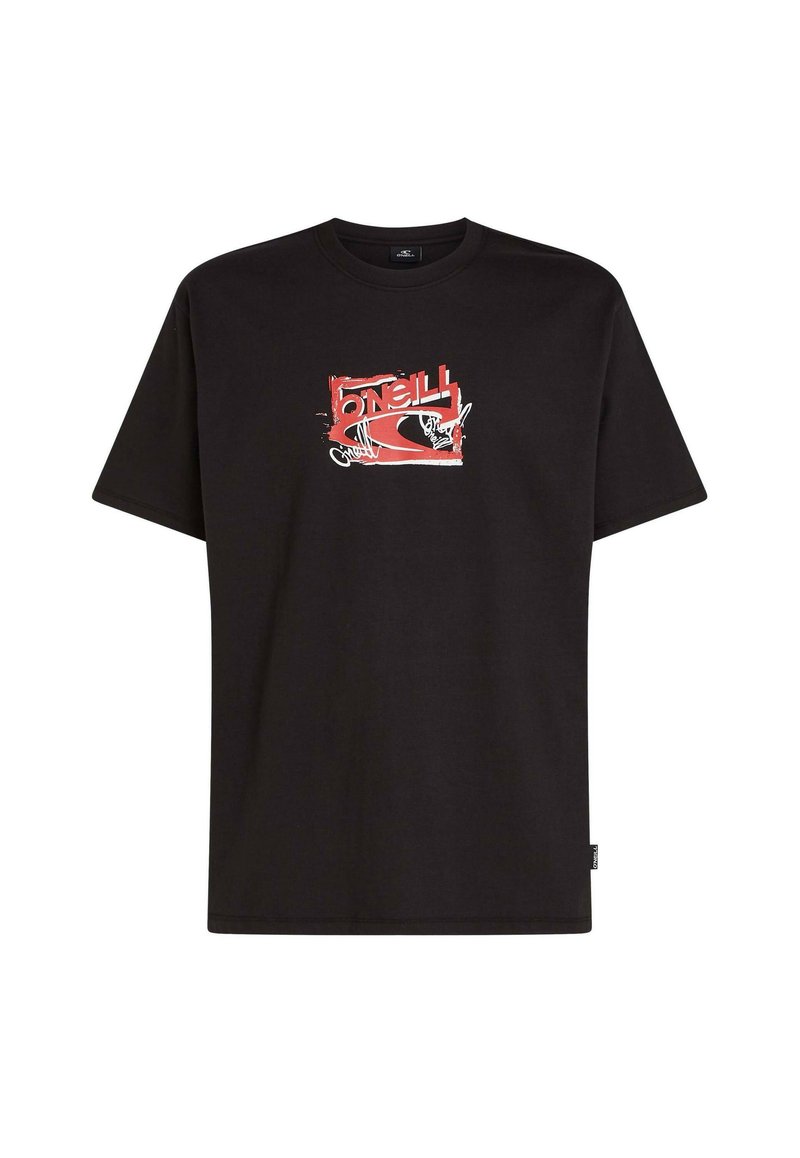 Schwarzes Baumwoll-T-Shirt mit einem rot-weißem Grafikdruck und dem Text "O'Neill" sowie abstrakten Designs auf der Vorderseite. Kurzärmlig, Rundhalsausschnitt.